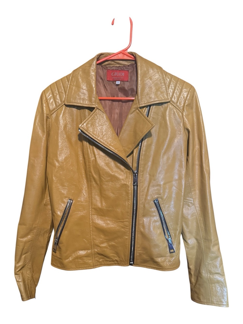GIUDI Italy Mustard Yellow Leather Moto Jacket EUC Size 44 Asymmetrical Biker